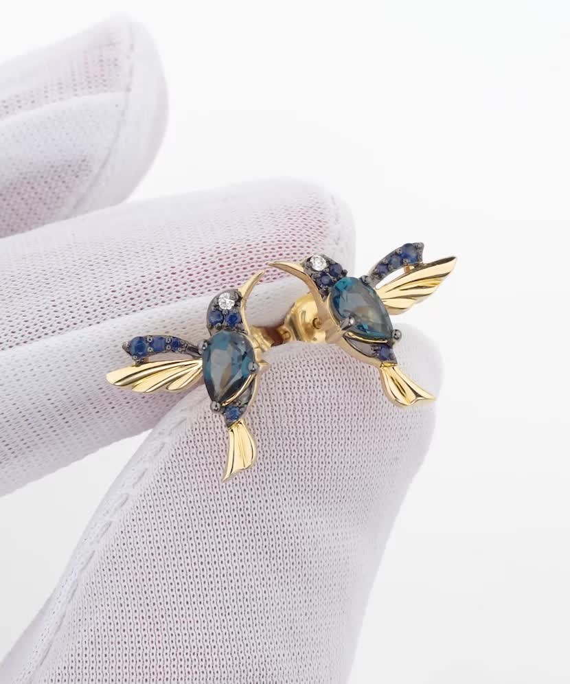 Серьги из желтого золота с сапфирами, топазами и бриллиантами