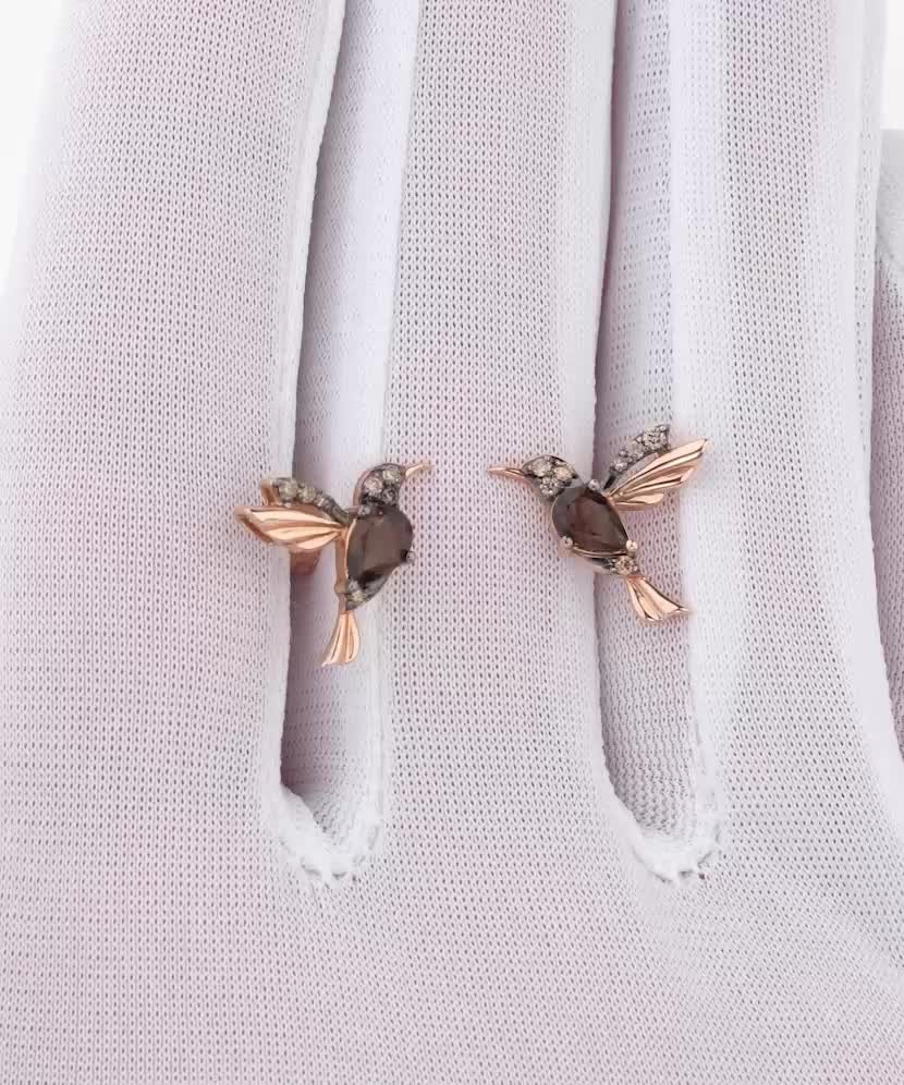 Золотые серьги с дымчатым кварцем и бриллиантами