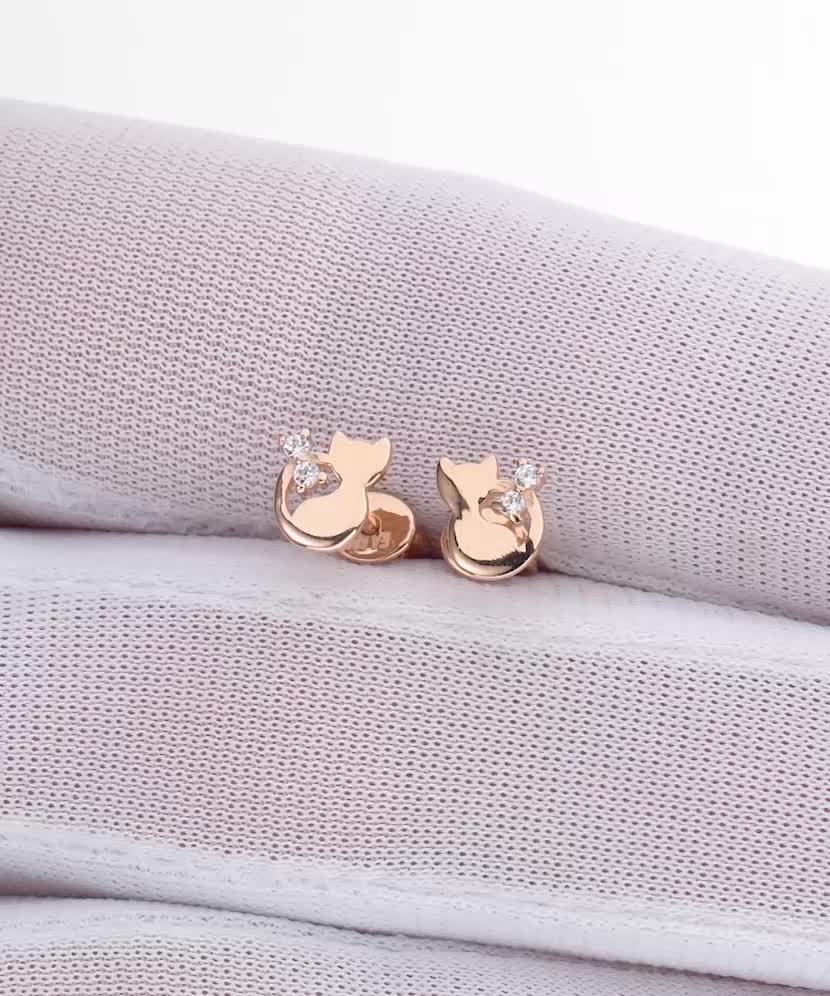 Gold earrings with zircons “Cat”