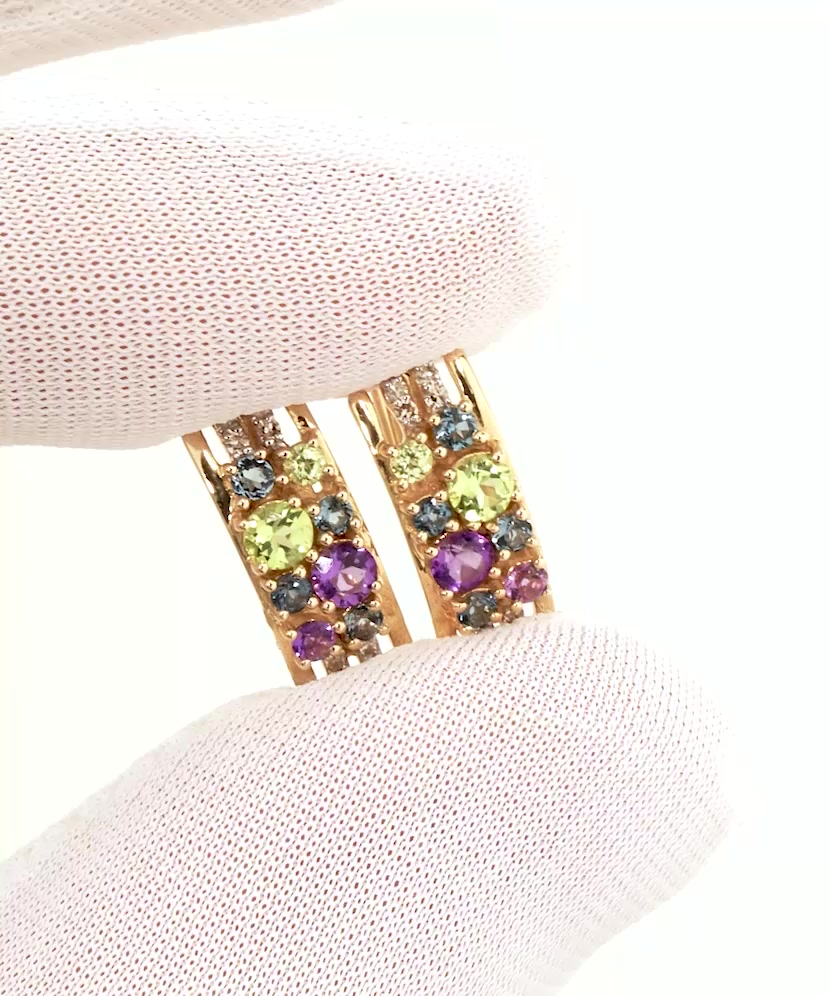 Yellow gold earrings with diamonds, amethysts, topazes and green amethysts