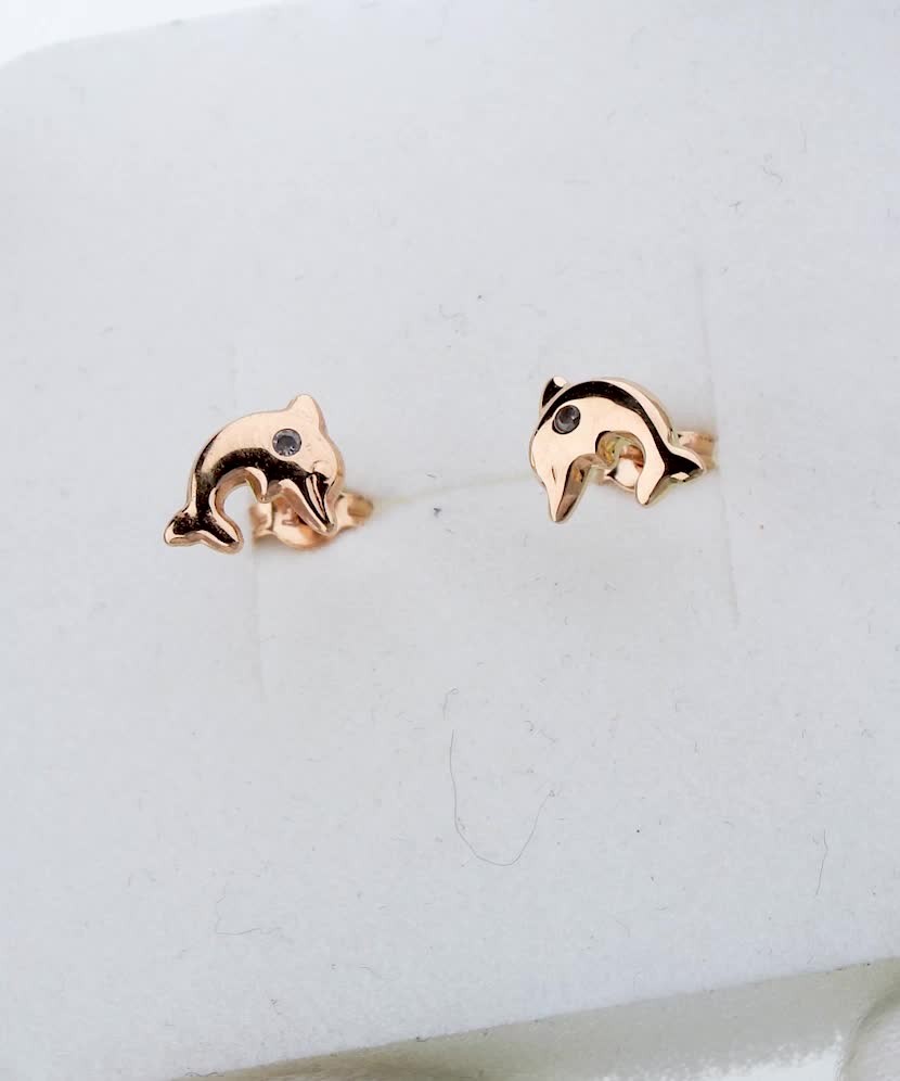 Gold earrings with zircons "Dolphin"