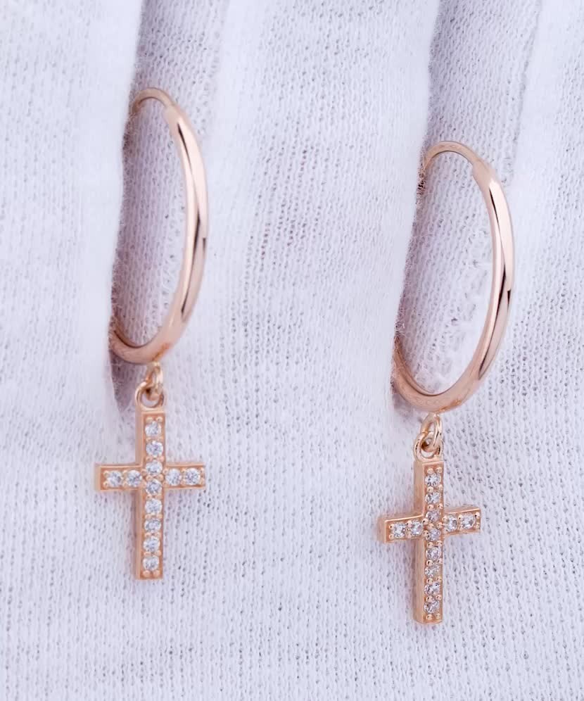 Gold earrings with zircons „cross“ Gold earrings with zircons „cross“