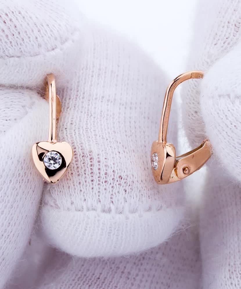Gold earrings with zircons "Heart"