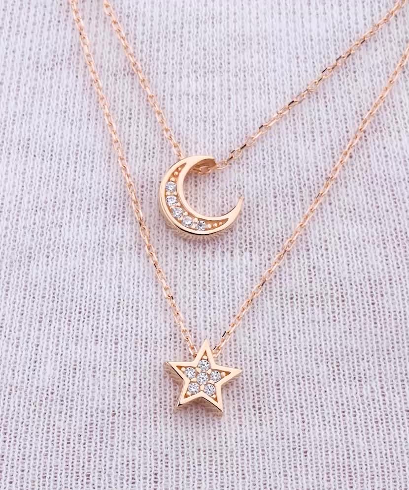 Золотая двойная цепочка с подвеской из циркона "Звезда ir Луна"